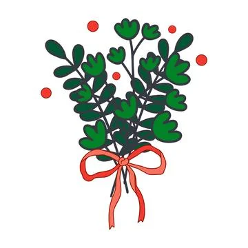 Mistletoe Bouquet with Red Ribbon Bow Illustration Stock Illustration