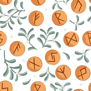 Mistletoe branches and Elder Futhark Viking Rune Cookies Seamless Pattern. .. Stock Illustration