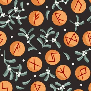 Mistletoe branches and Elder Futhark Viking Rune Cookies Seamless Pattern. .. Stock Illustration