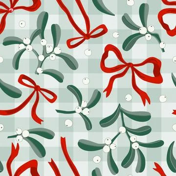 Mistletoe branches and red bows cute vector seamless pattern on gingham bac.. Stock Illustration