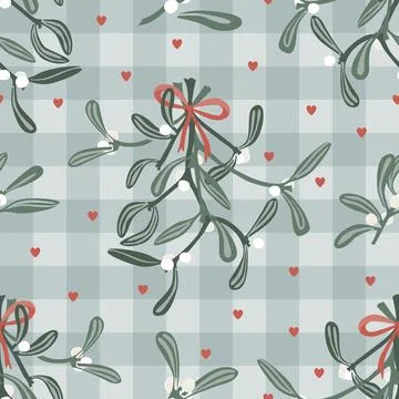 Mistletoe branches and red bows cute vector seamless pattern on gingham bac.. Stock Illustration