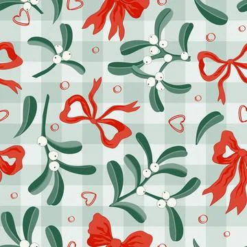 Mistletoe branches and red bows cute vector seamless pattern on gingham bac.. Stock Illustration