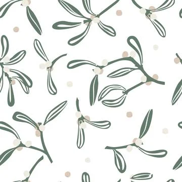 Mistletoe branches vector seamless pattern. White mistletoe Christmas background Stock Illustration