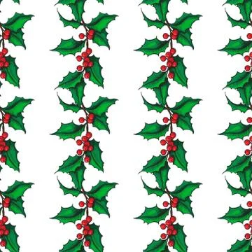 Mistletoe Christmas vector seamless pattern. Hand drawn botanica Stock Illustration