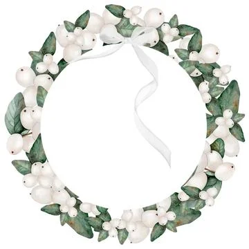 Mistletoe white watercolor. A round wreath made of branches with berries and bow Stock Illustration