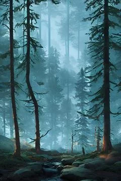 Misty, brook, dusk, forest, trees, large, stones, quiet, magic Stock Illustration
