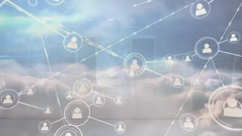 Misty clouds drifting revealing node radiating lines linking icons to illustrate Stock Footage 311226363