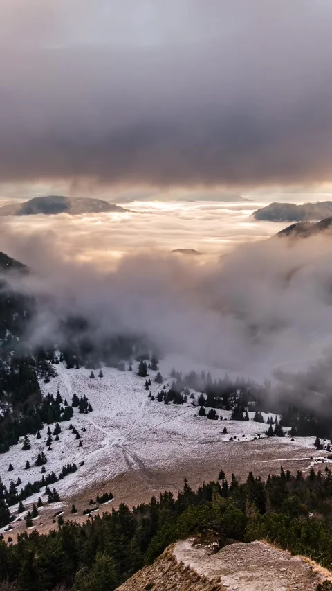 Misty Clouds in Winter Mountains, Peaceful Nature Vertical Time-Lapse Stock Footage 317513190