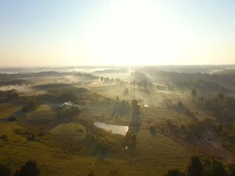 Misty countryside, top view Stock Footage