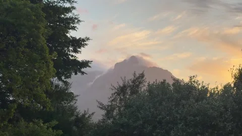 Misty Devil’s Peak Mountain Peak at Golden Hour Through Silhouetted Trees. Cape Vídeo Stock 346004829