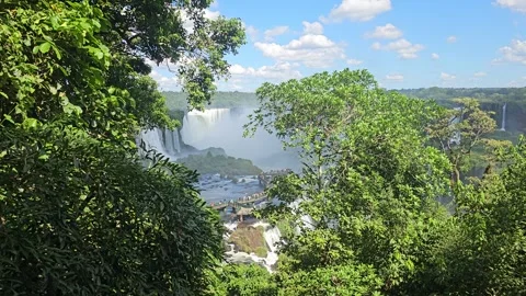 Misty Falls and Walkway Through Tree Branches, Iguazu, Brazil 8K Stock Footage 306475341