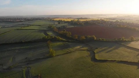 Misty fields in morning birds eye view Stock Footage 90807257