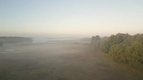 Misty fog gradually dissolving over serene countryside landscape Stock Footage 293158195