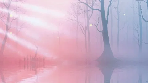 Misty Forest: 3D Illustration Under Fog with Tall Trees Surrounded by Calm Wate Stock Footage 317968102