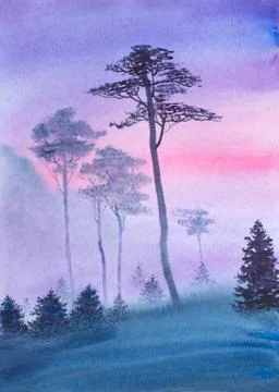 Misty forest before dawn Stock Illustration