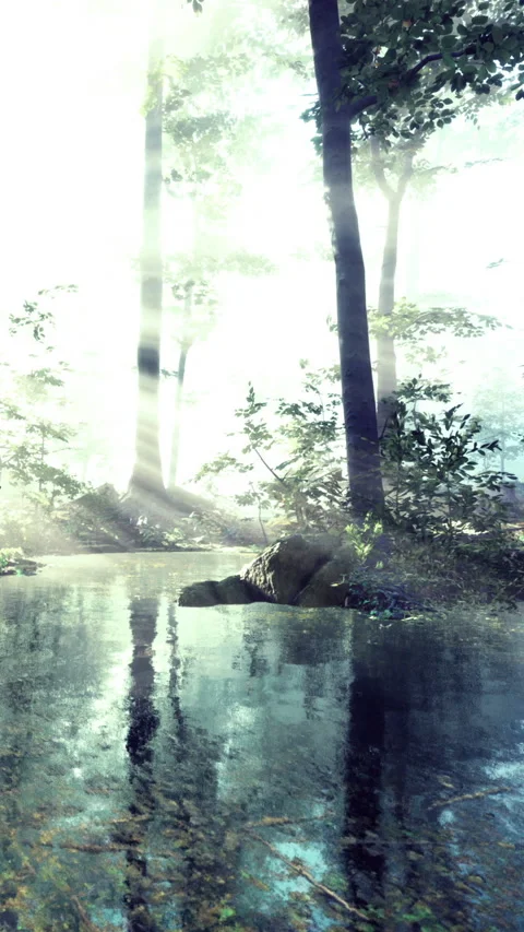 Misty forest with glowing water reflections creates magic Stock Footage 329136650