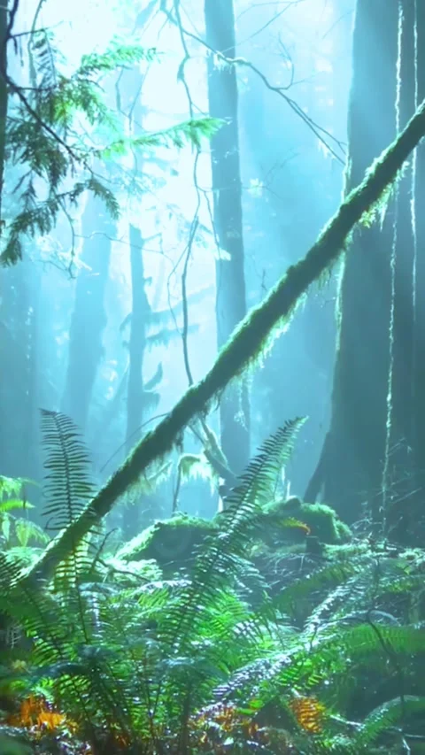Misty forest landscape with sun rays filtering through trees for peaceful nature Stock-Footage 347154792