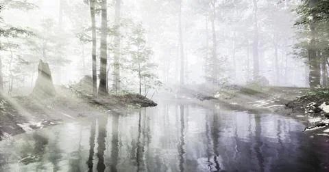 Misty forest landscape with sun rays reflecting on still water at dawn Stock Illustration