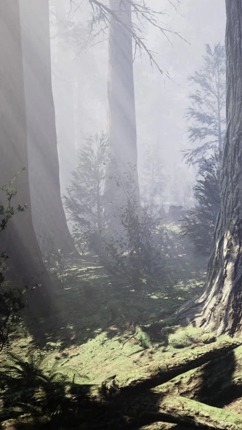 Misty forest path illuminated by golden rays of sunlight in early morning Stock Footage 335098002