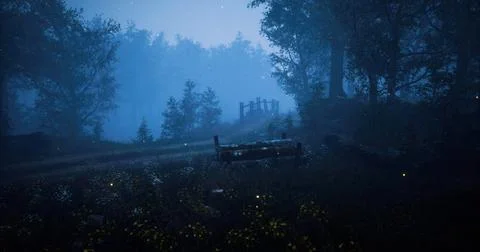 Misty forest pathway at dusk with soft lights and a wooden bridge Stock Illustration