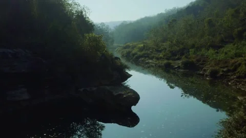 Misty forest river landscape captured from aerial drone perspective 動画素材 332756658