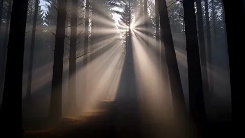 Misty Forest Sunlight Rays Through Trees Creates Atmospheric and Ethereal F.. Stock Footage 321948547