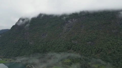 Misty forested mountain slope with low clouds drifting over valley and lake. Stock Footage 313246892