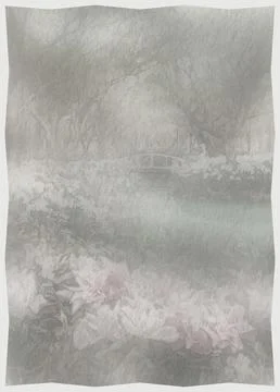 Misty Garden Landscape Vector Background with Bridge and Flowers Stock Illustration
