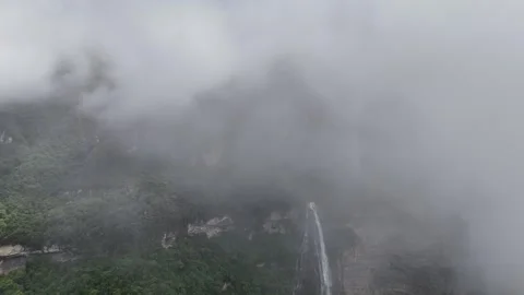 Misty Gocta Waterfall, Dramatic Scenery 4k UHD Aerial Stock-Footage 335784815