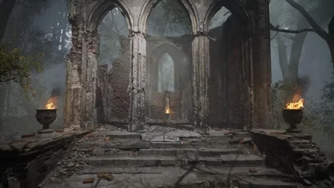 Misty Gothic Chapel Ruins with Stone Statue Stock Footage 341291262