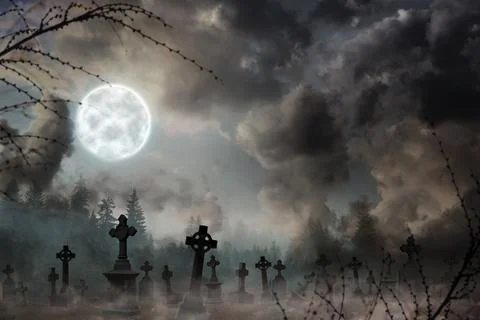 Misty graveyard with old creepy headstones under full moon on Halloweeen Stock Photos