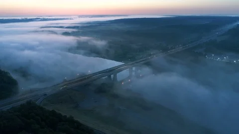 Misty Highway Bridge over River, Aerial Timelapse of Kaunas, Lithuania Stock Footage 91492953