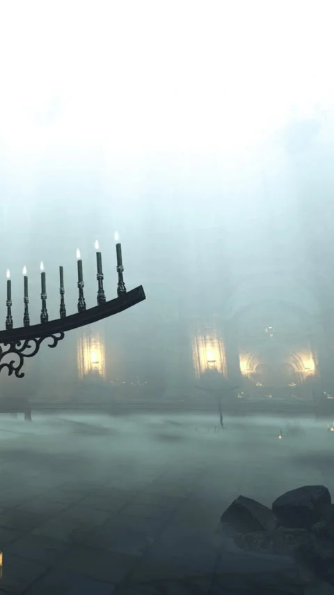 Misty interior of a large room with candles and distant light sources Stock Footage 334107662