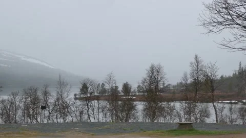 Misty lake with bare trees and foggy snowy mountain in background Stock Footage 318196689
