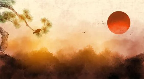 Misty landscape with pine tree, red sun and and misty forest mountains Stock Illustration