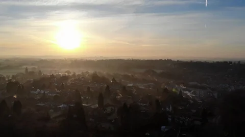 Misty Landscape, Sunrise, High Slow Rise Aerial View, England, Winter Stock Footage