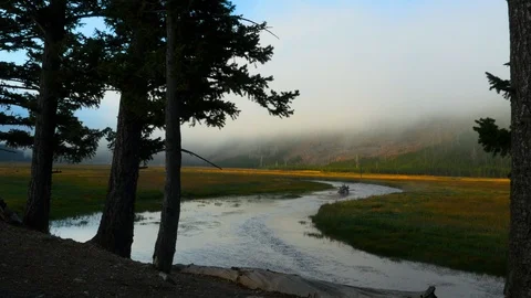 Misty landscape in Yellowstone Stock Footage 93415344