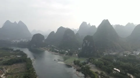 Misty Li River Karst Mountain Aerial Landscape Stock-Footage 231938232