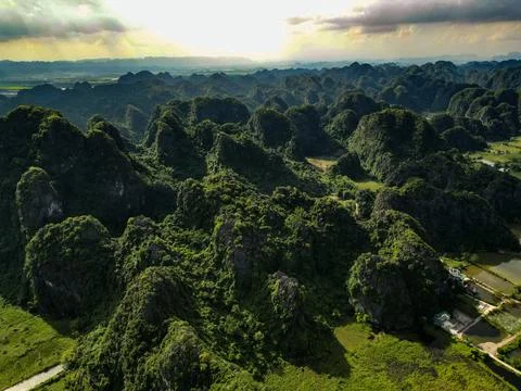 Misty Limestone Karst Mountains Dramatic Sky Ninh Binh Vietnam Stock Photos