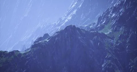 Misty morning mountains with dramatic light reflections Stock Illustration