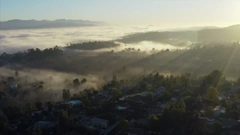 Misty Morning Woodland Hills Neighborhood Los Angeles Drone Aerial View Stock Footage 144034552