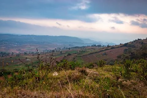 Misty mountain with cloudy dramatic sky at morning from flat angle Stock-Fotos