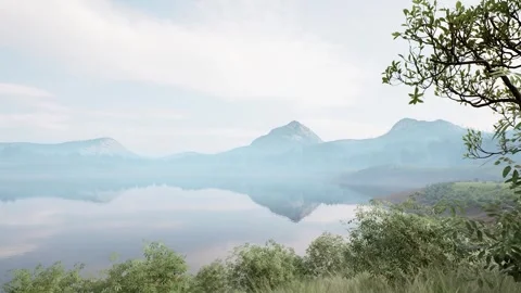 Misty mountain lake with leafy foreground shrubs at sunrise. 3d render Видео 337118771