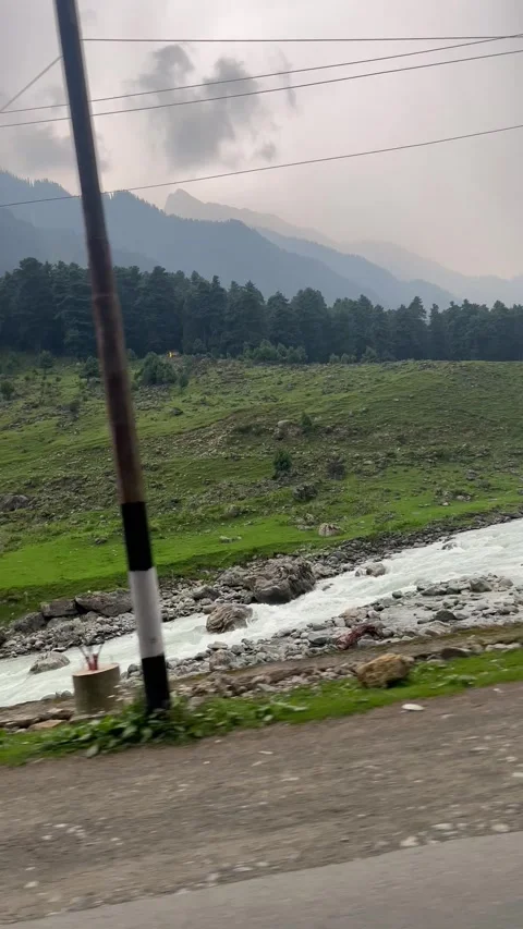 Misty Mountain Landscape and River in Sallar, Anantnag Kashmir Stock Footage 343234689