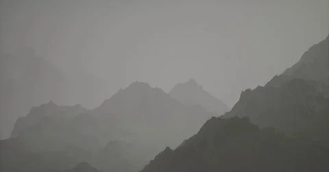 Misty mountain landscape captured during overcast weather in the early mornin Stock Illustration
