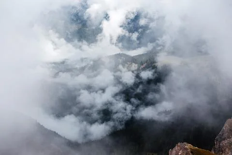 Misty mountain landscape with clouds rolling over pine forests in Seceda, D.. Stock Photos
