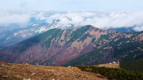Misty Mountain Landscape with Low Clouds and Slopes in mountains, tiemlapse Stock-Footage 313594159