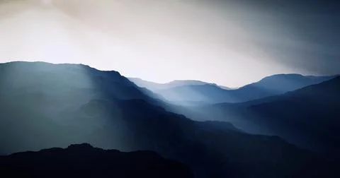 Misty mountain landscape with soft light during early morning hours Stock Illustration