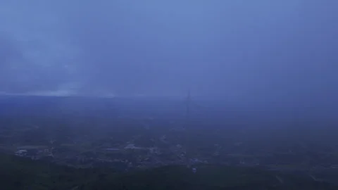 Misty Mountain Ridge Wind Turbines Aerial Hover Twilight 4K HLG Stock Footage 345622657