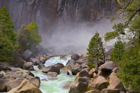 Misty mountain river Stock Photos